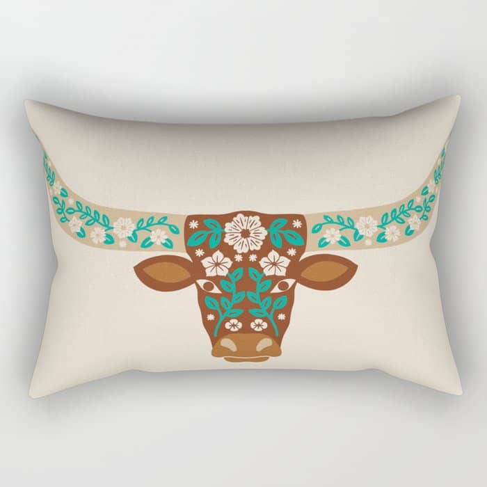 Floral Longhorn - Brown And Turquoise Rectangular Pillow