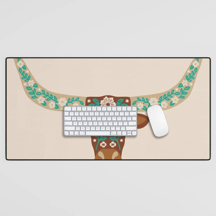 Floral Longhorn - Brown And Turquoise Desk Mat