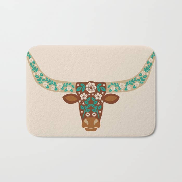 Floral Longhorn - Brown And Turquoise Bath Mat