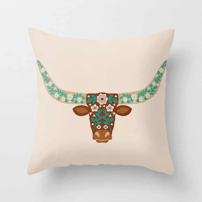 Floral Longhorn - Brown And Turquoise Throw Pillow