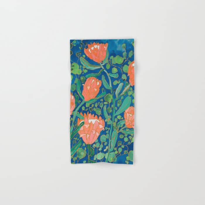 Coral Proteas On Blue Pattern Painting Bath Towel