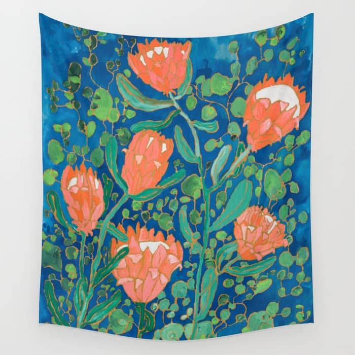 Coral Proteas On Blue Pattern Painting Wall Tapestry