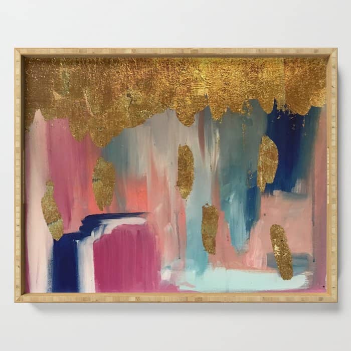 Gold Leaf & Indigo Blue Abstract Serving Tray