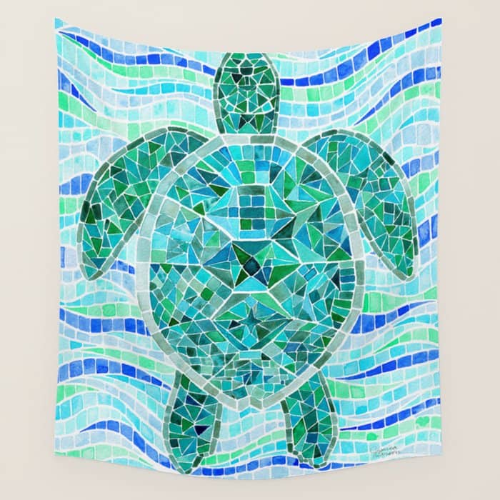 Mosaic Watercolor Sea Turtle Wall Tapestry