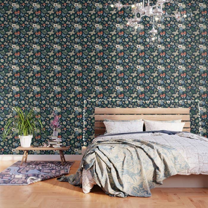 Woodland Forest Flowers - Navy Blue Wallpaper