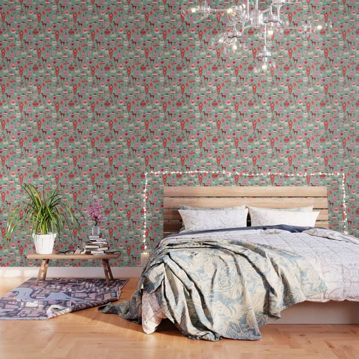 Mid-Century Ornaments In Red And Mint Wallpaper
