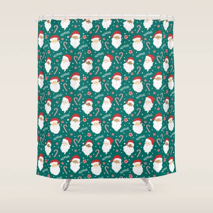 Peppermint Santas On Vivid Teal Shower Curtain