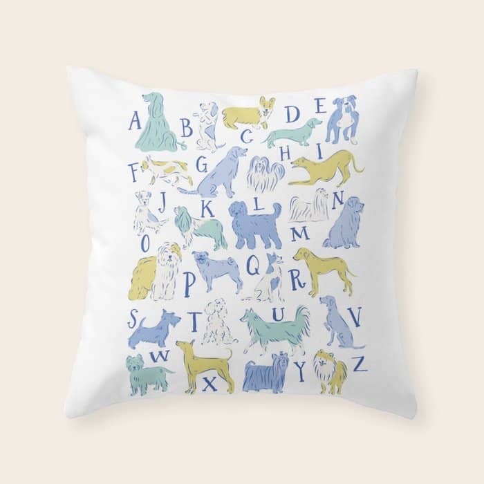 Dog Alphabet Print For Kids Room In Blue And Green Throw Pillow