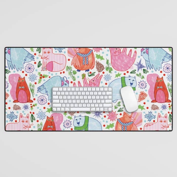Winter Forest Woodland Animals In Pink & Blue Desk Mat