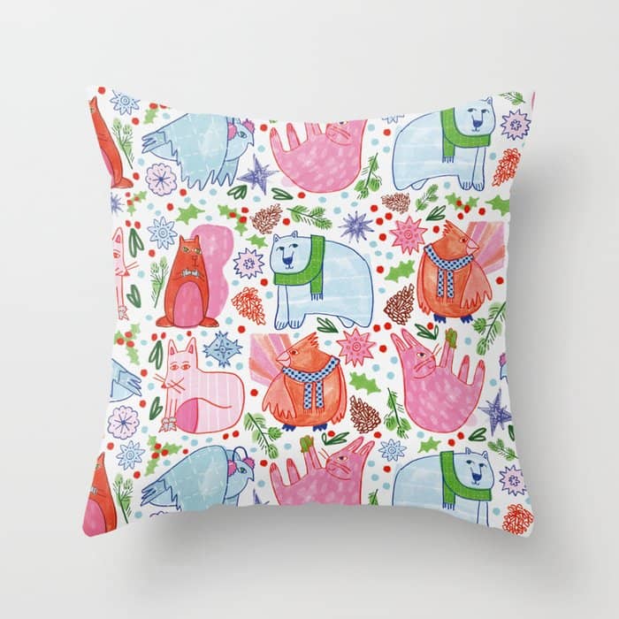 Winter Forest Woodland Animals In Pink & Blue Throw Pillow