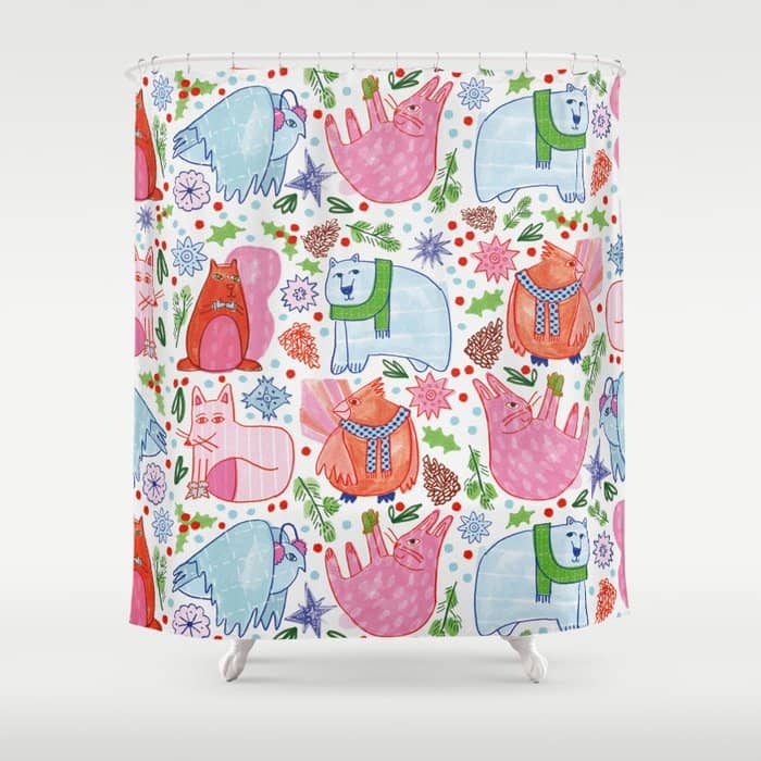 Winter Forest Woodland Animals In Pink & Blue Shower Curtain