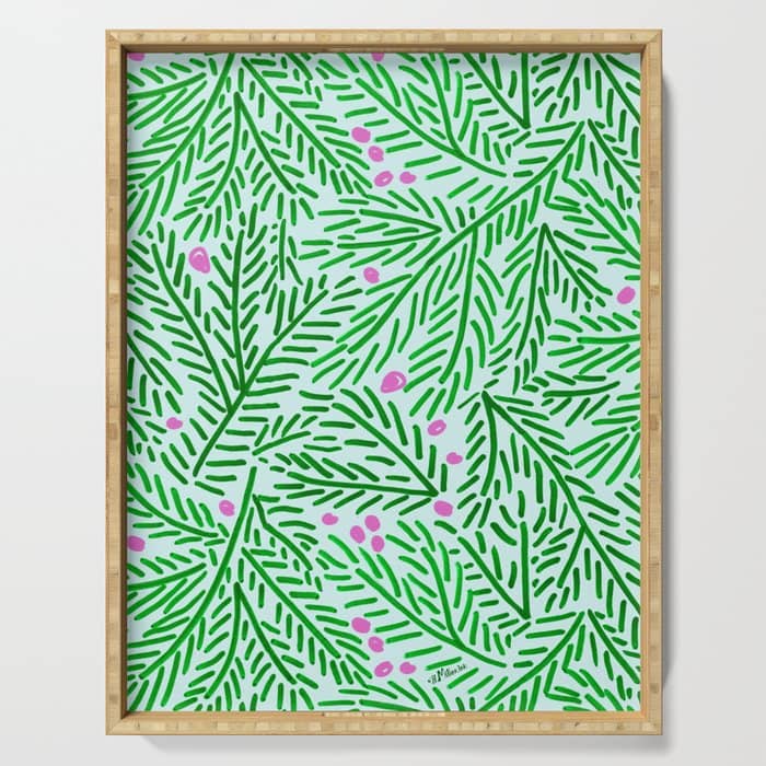 Winter Berries & Pine Branches In Green Serving Tray