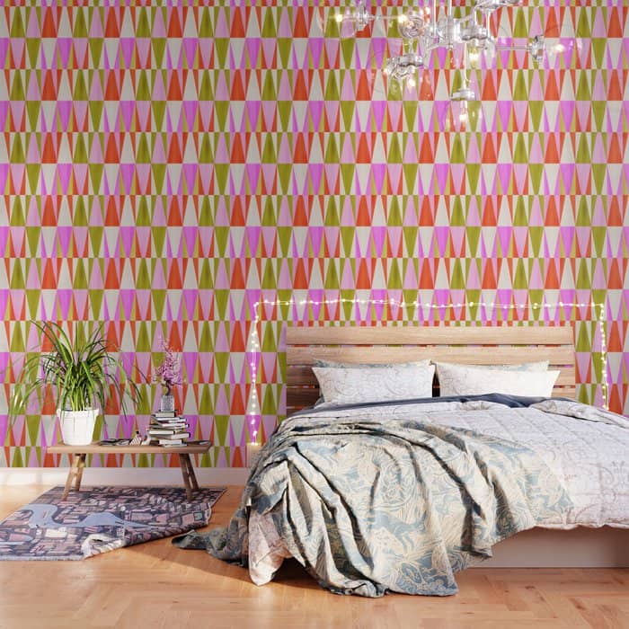 Mid Mod Diamond Pattern 1. Textured Pink Green  Wallpaper