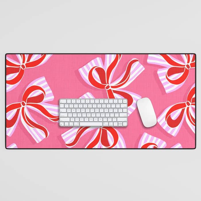 Ditsy Kitsch Ribbons And Bows 2. Watermelon Pink And Red Desk Mat