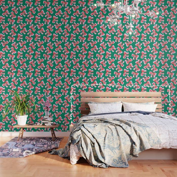 Retro Kitsch Christmas Ribbons On Stripy Bows - Red And Green Wallpaper