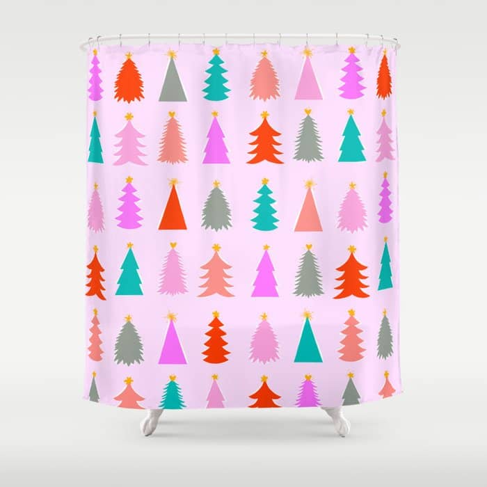 Christmas Tree Pattern On Pink Shower Curtain