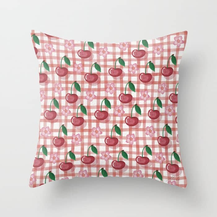 Watercolor Cherry Blossom Picnic Pattern Throw Pillow