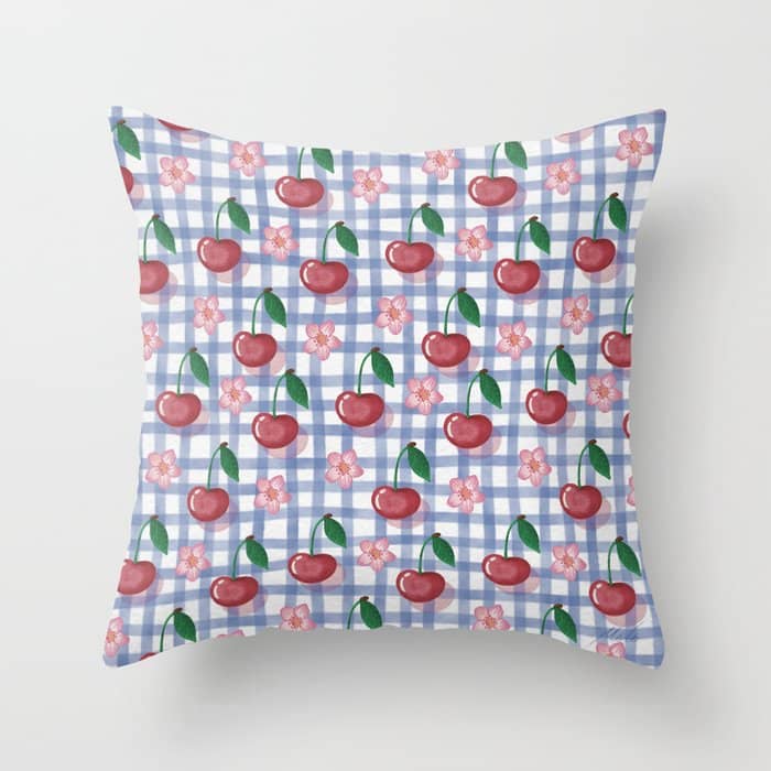 Watercolor Cherry Blossom Picnic Pattern Throw Pillow