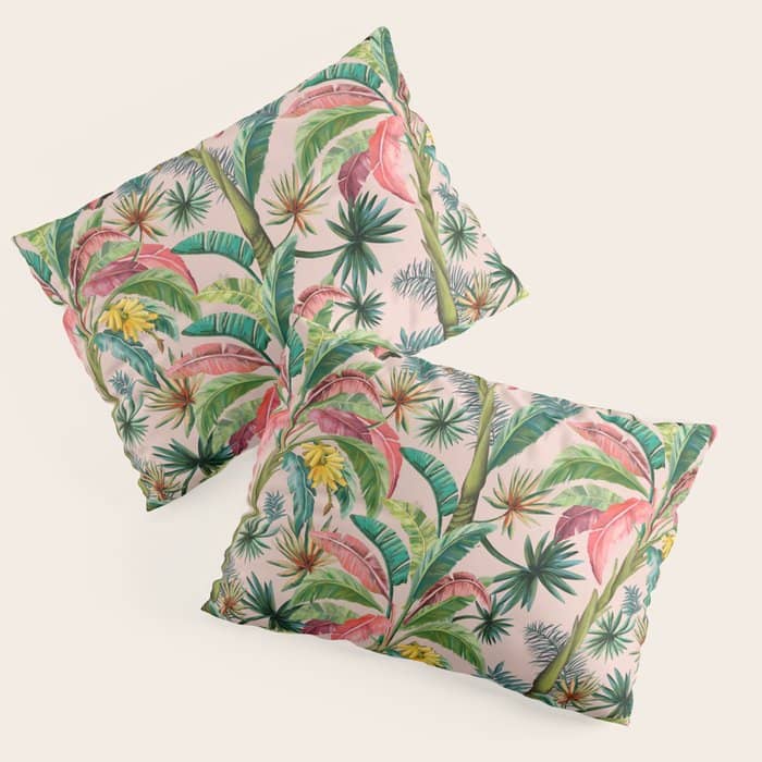 Palm Life, Tropical Palm Leaves, Banana Palm, Hollywood Regency, Green, Pinks Pillow Sham