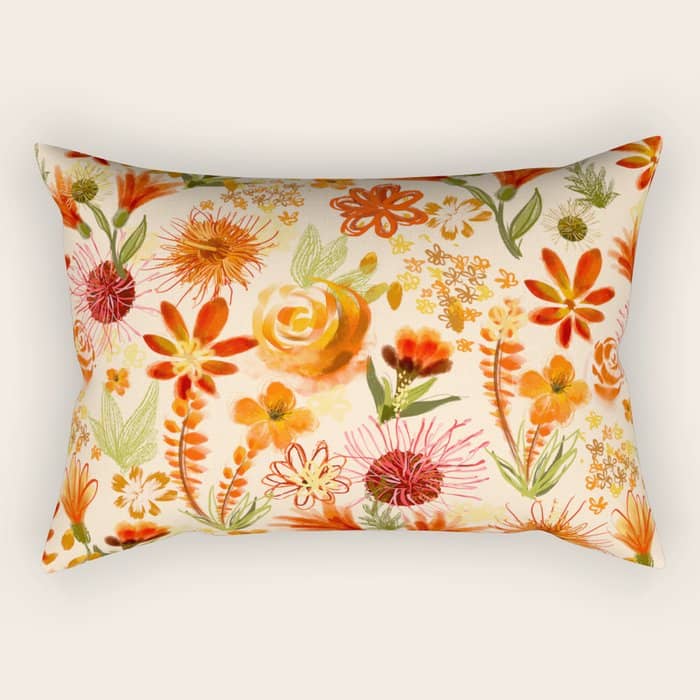 Watercolor Flowers, Orange, Red, Boho, Pretty, Bright Colours Rectangular Pillow