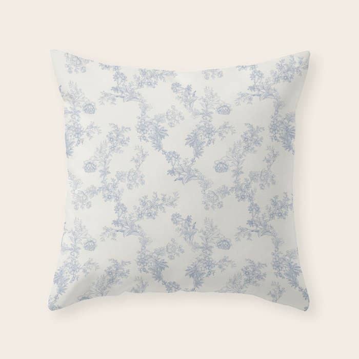 Vintage Toile Floral - Blue And White Throw Pillow