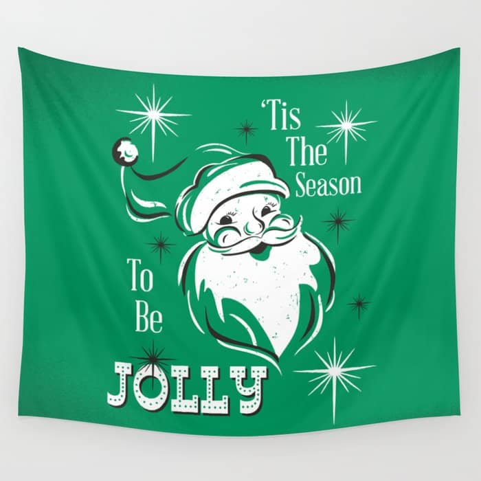 'Tis The Season - Retro Santa Green Wall Tapestry