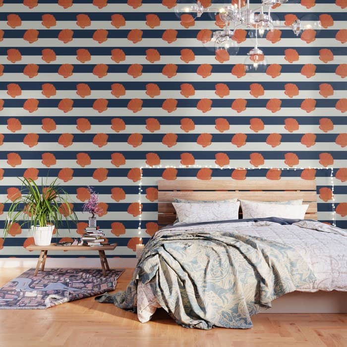 Orange Clamshell And Navy Stripes Wallpaper