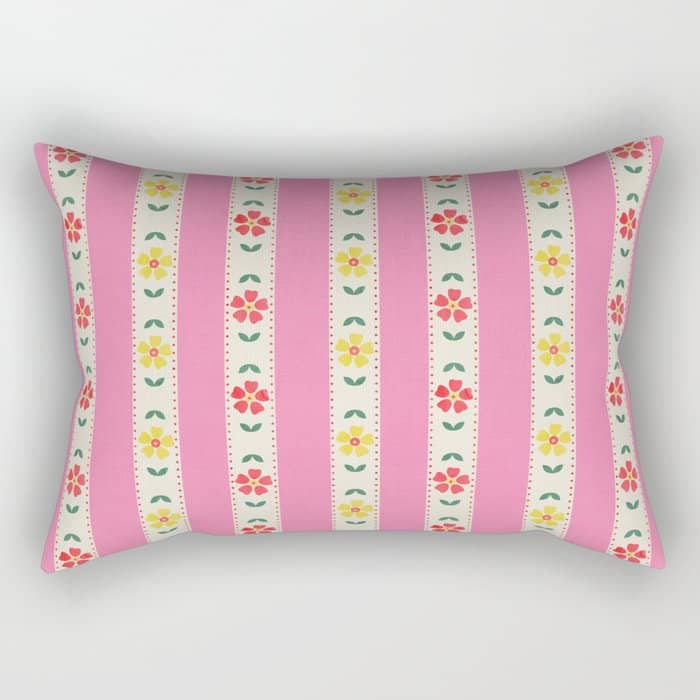 Granny Style Vintage Florals On Pink Stripes Rectangular Pillow