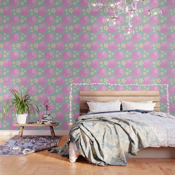 Pink And Turquoise Hibiscus Flowers Pattern Wallpaper
