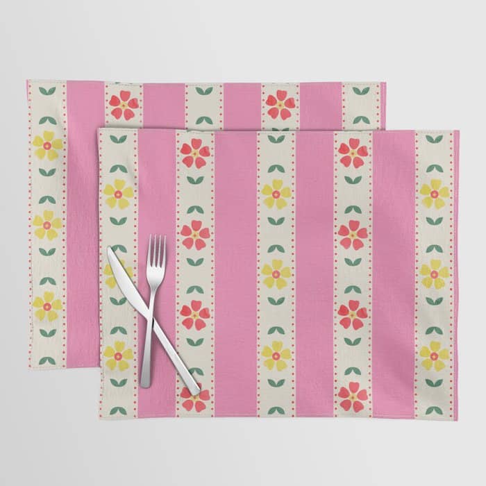 Granny Style Vintage Florals On Pink Stripes Placemat