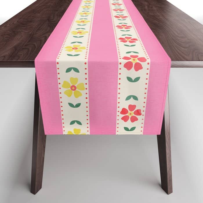 Granny Style Vintage Florals On Pink Stripes Table Runner