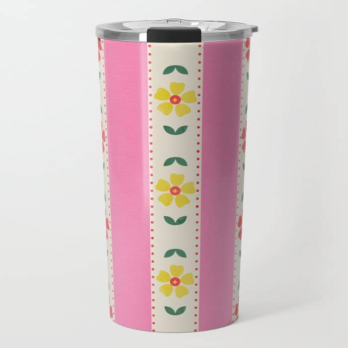 Granny Style Vintage Florals On Pink Stripes Travel Mug