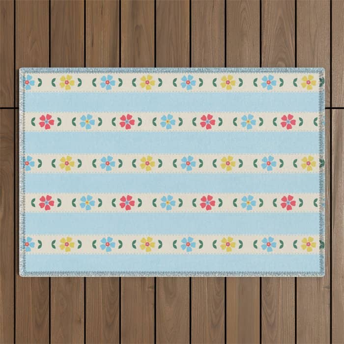 Granny Style Vintage Florals And Light Blue Stripes Outdoor Rug