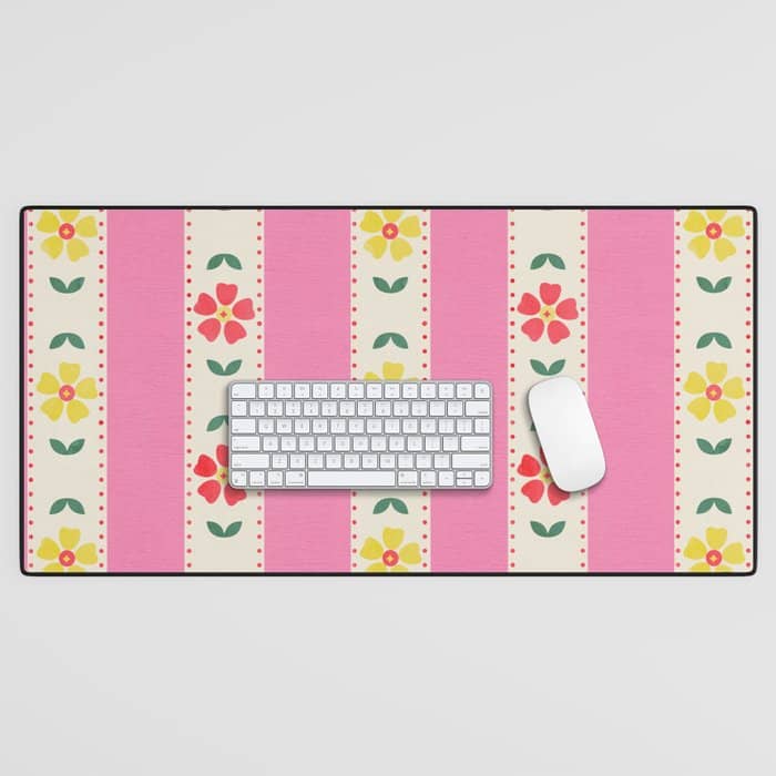 Granny Style Vintage Florals On Pink Stripes Desk Mat