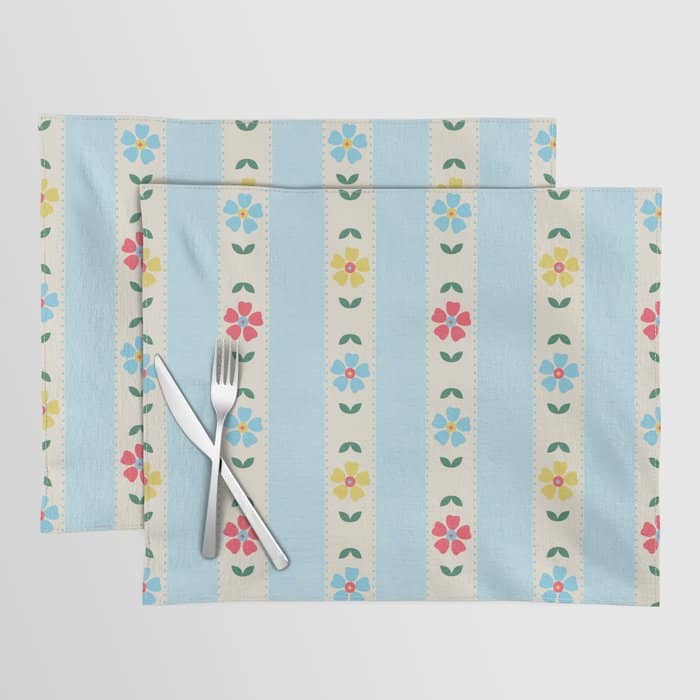 Granny Style Vintage Florals And Light Blue Stripes Placemat