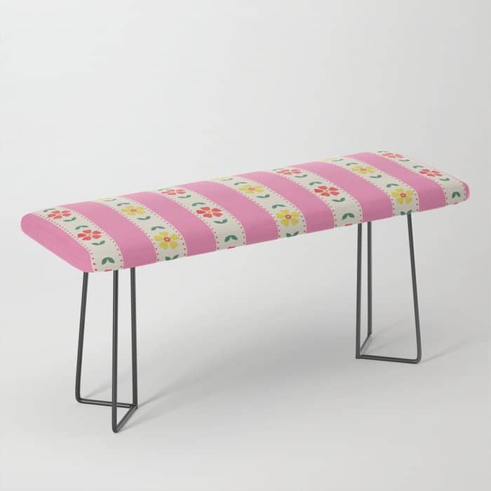 Granny Style Vintage Florals On Pink Stripes Bench