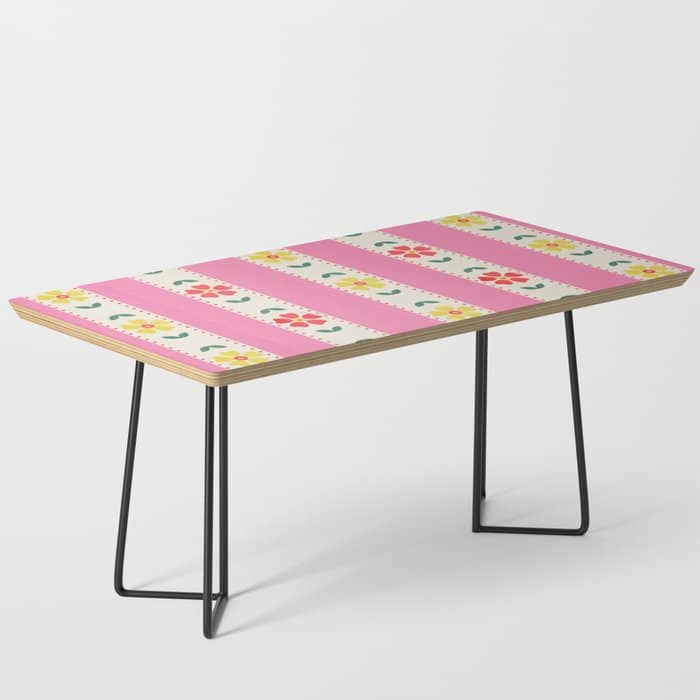 Granny Style Vintage Florals On Pink Stripes Coffee Table
