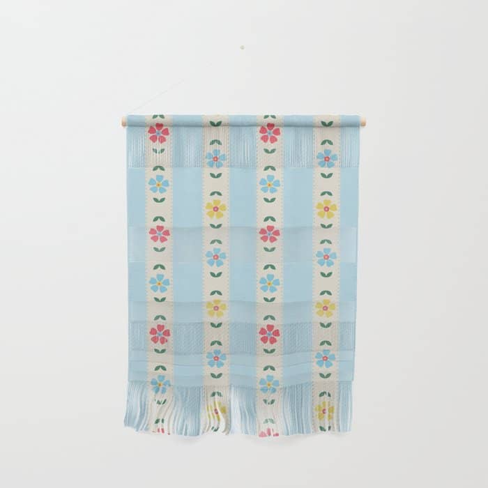 Granny Style Vintage Florals And Light Blue Stripes Wall Hanging