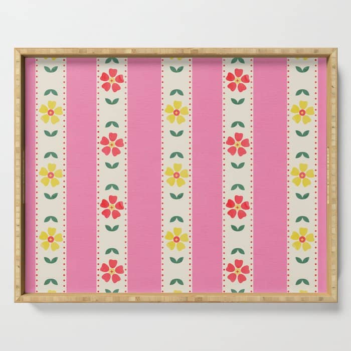 Granny Style Vintage Florals On Pink Stripes Serving Tray
