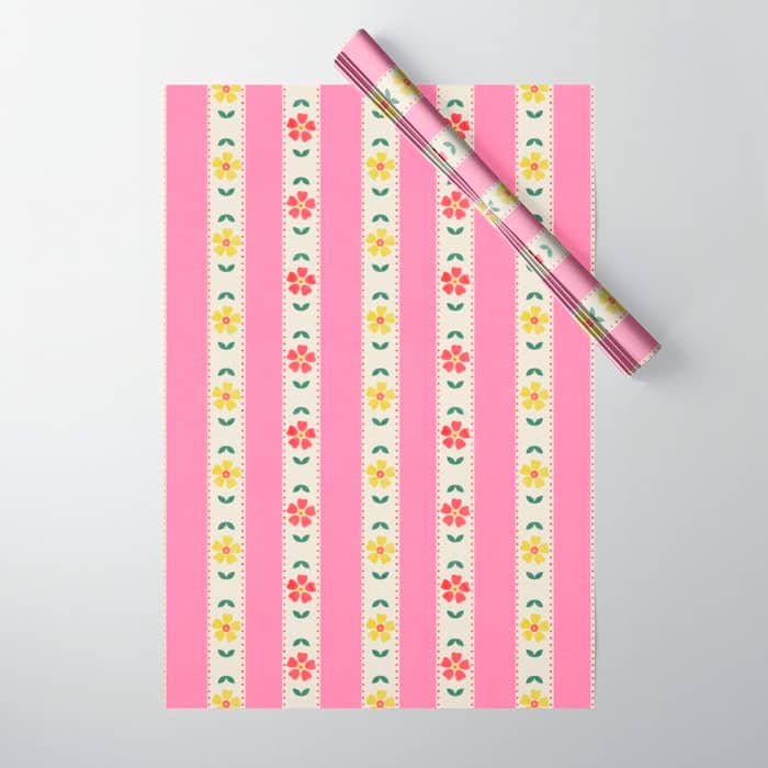 Granny Style Vintage Florals On Pink Stripes Wrapping Paper