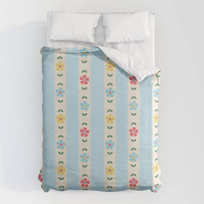 Granny Style Vintage Florals And Light Blue Stripes Duvet Cover