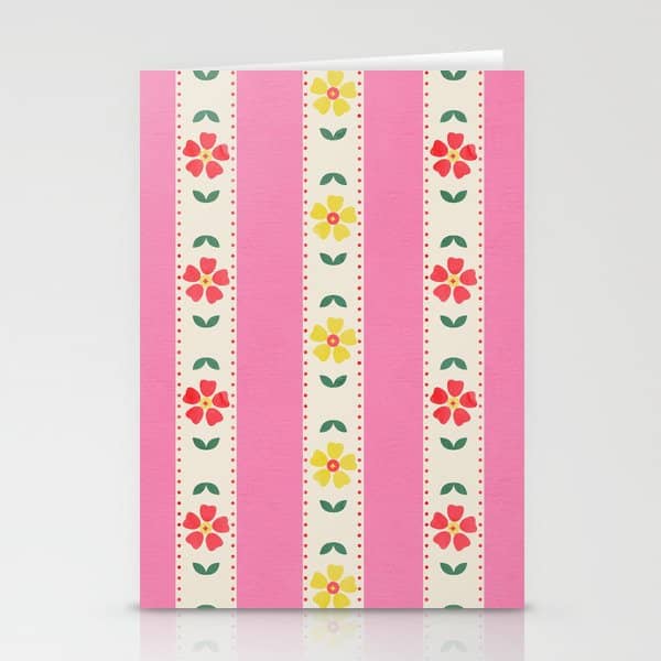 Granny Style Vintage Florals On Pink Stripes Stationery Card