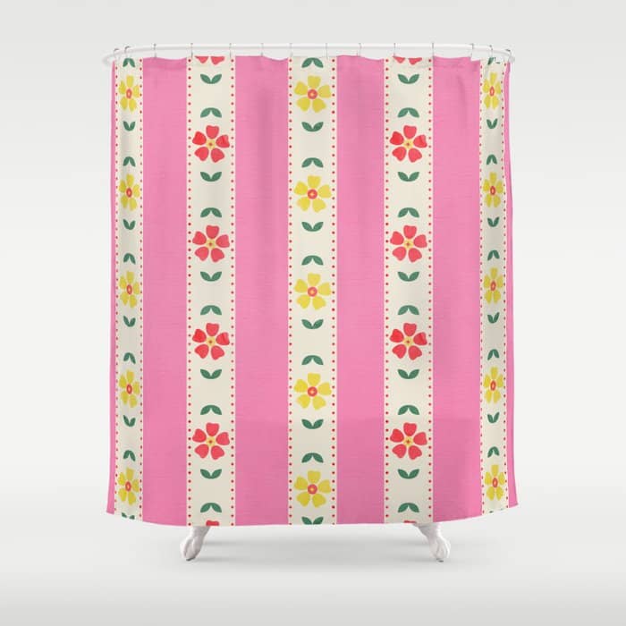 Granny Style Vintage Florals On Pink Stripes Shower Curtain