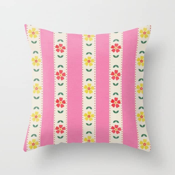 Granny Style Vintage Florals On Pink Stripes Throw Pillow