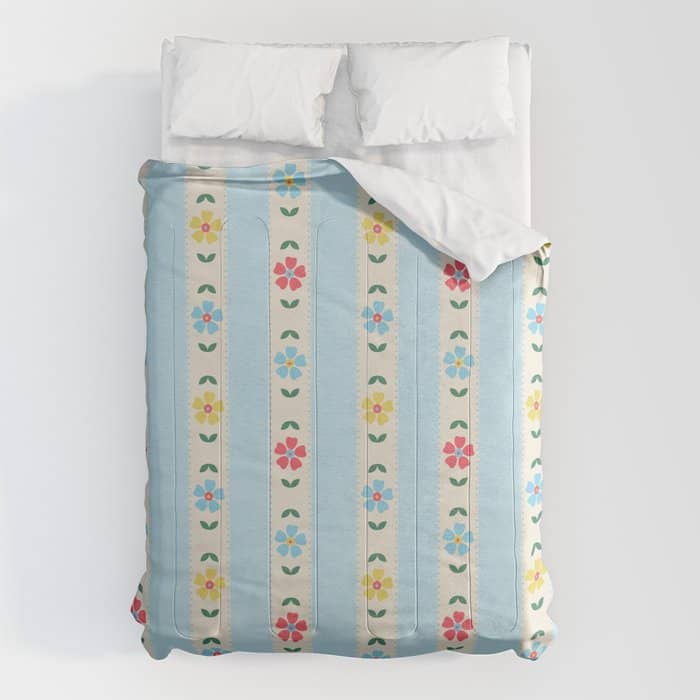 Granny Style Vintage Florals And Light Blue Stripes Comforter