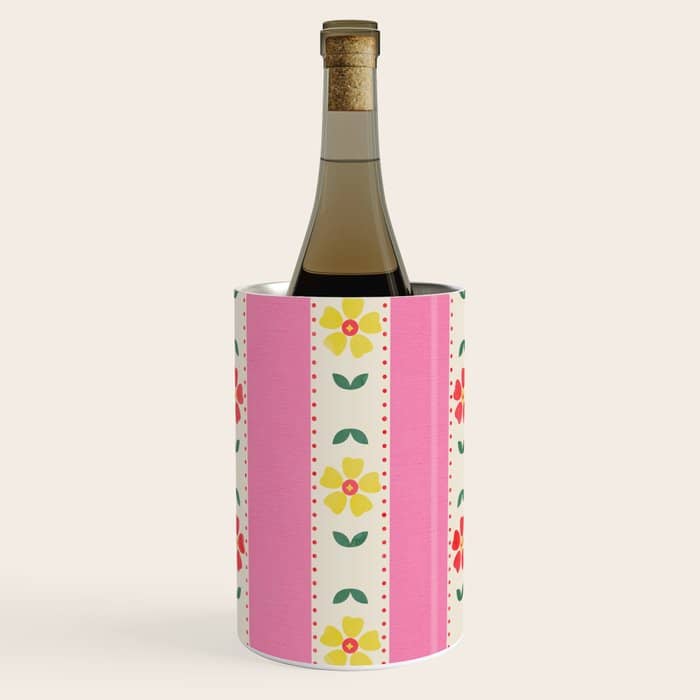 Granny Style Vintage Florals On Pink Stripes Wine Chiller