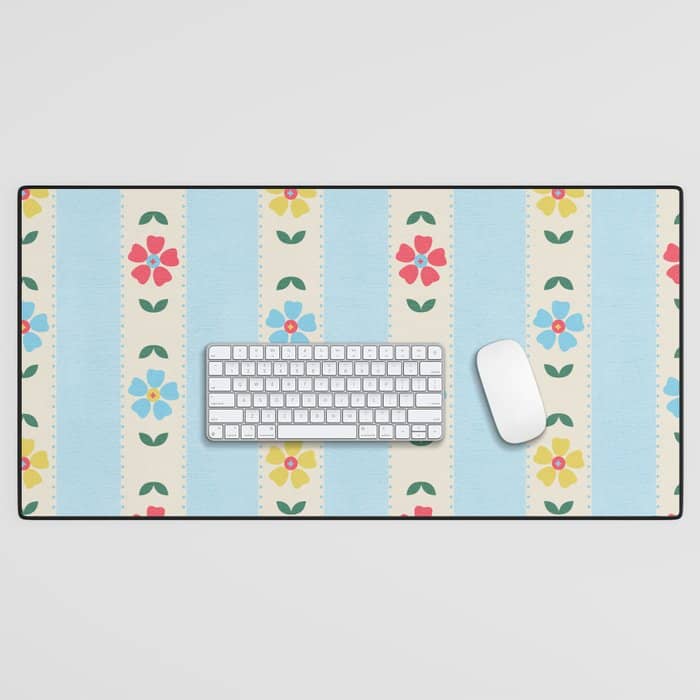 Granny Style Vintage Florals And Light Blue Stripes Desk Mat