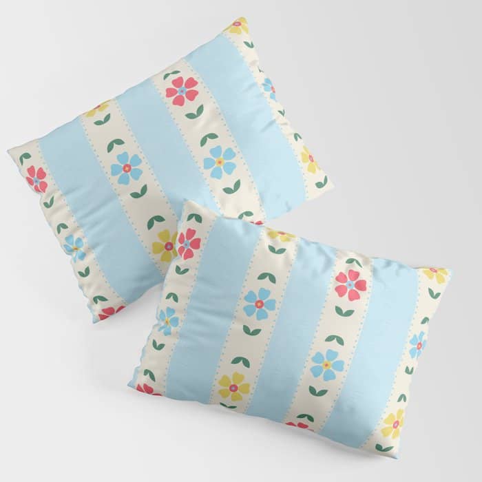 Granny Style Vintage Florals And Light Blue Stripes Pillow Sham