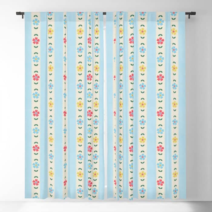 Granny Style Vintage Florals And Light Blue Stripes Window Curtain