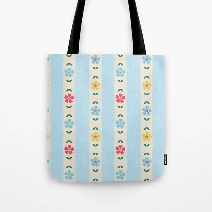Granny Style Vintage Florals And Light Blue Stripes Tote Bag
